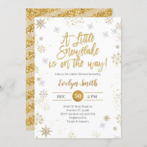 Winter Baby Shower  Gold Silver Glitter Snowflakes Invitation