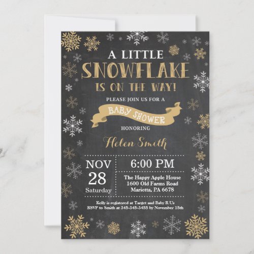 Winter Baby Shower Gold Snowflake Chalkboard Invitation