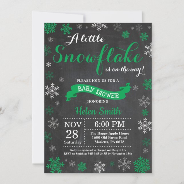 Winter Baby Shower Green Snowflake Chalkboard Invitation (Front)