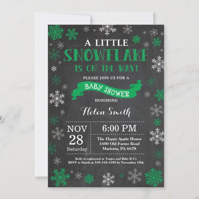 Winter Baby Shower Green Snowflake Chalkboard Invitation (Front)
