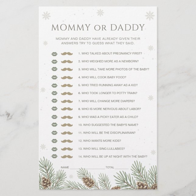 Winter Baby Shower Guess Who Mommy or Daddy Game (Front)