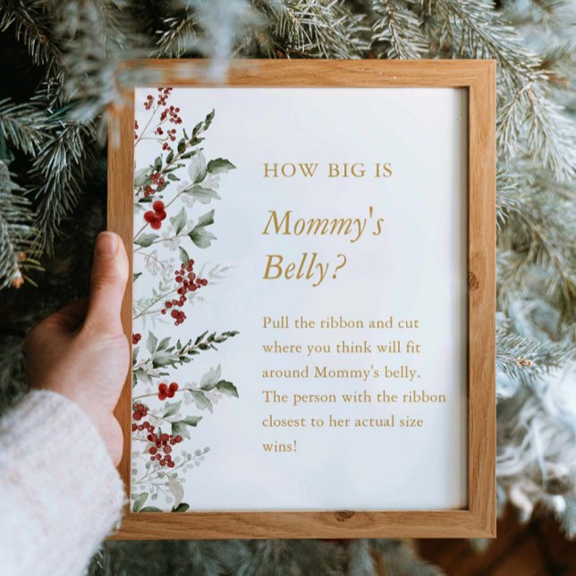 Winter Baby Shower How big is Mommy's Belly Sign (Winter Greenery Mommy's Belly   Game sign)
