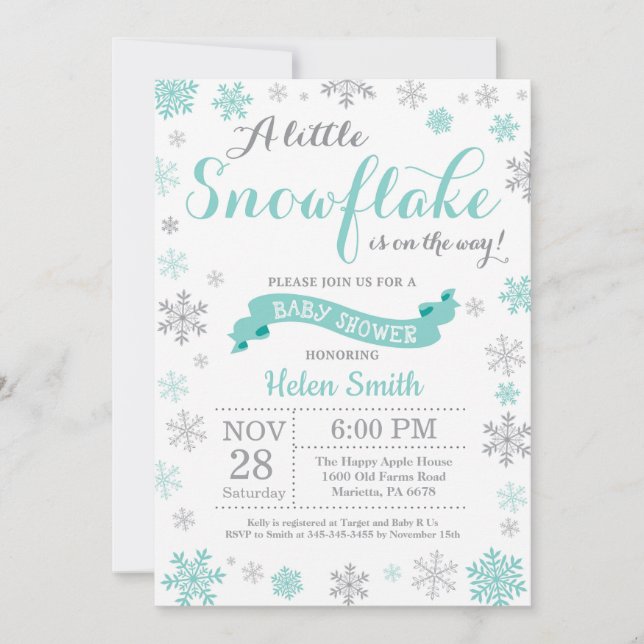 Winter Baby Shower Invitation Aqua Snowflake (Front)