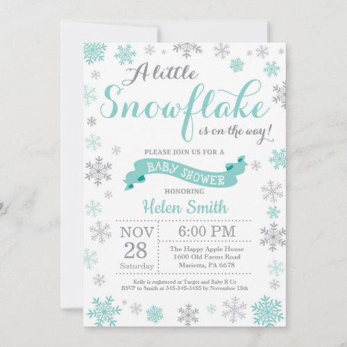 Winter Baby Shower Invitation Aqua Snowflake