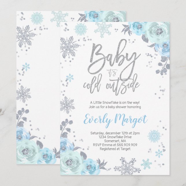 Winter Baby Shower Invitation Blue And Silver (Front/Back)
