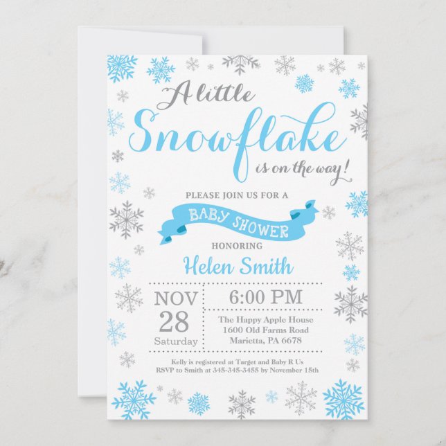 Winter Baby Shower Invitation Blue Snowflake (Front)