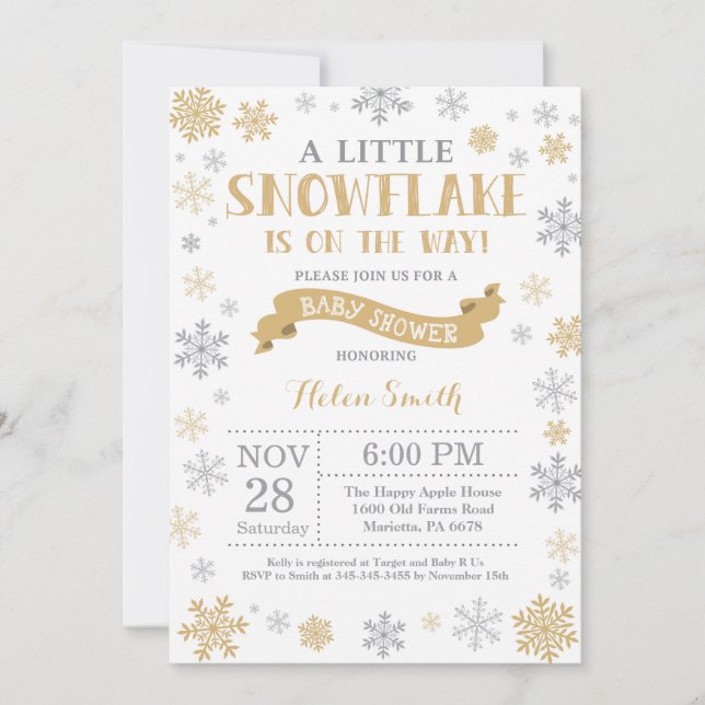Winter Baby Shower Invitation Gold Snowflake (Front)