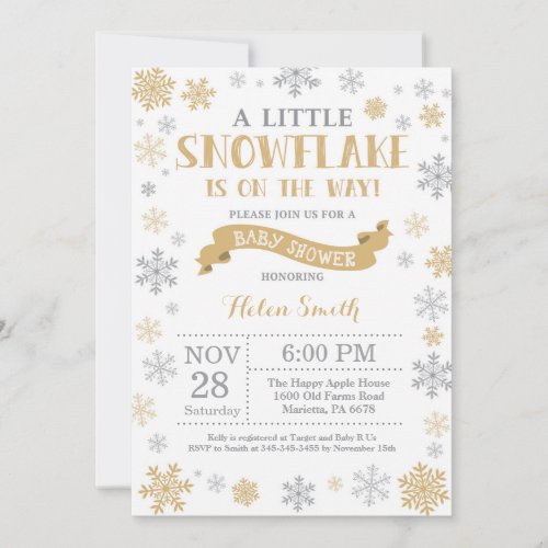 Winter Baby Shower Invitation Gold Snowflake