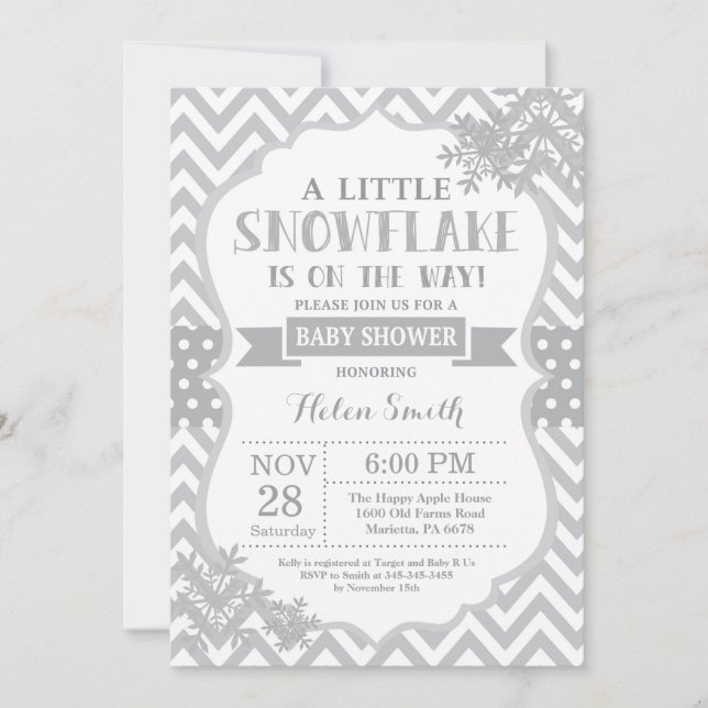 Winter Baby Shower Invitation Gray Snowflake (Front)