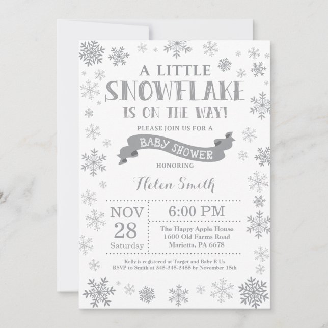 Winter Baby Shower Invitation Gray Snowflake (Front)
