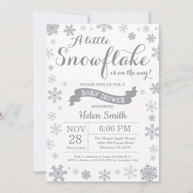 Winter Baby Shower Invitation Gray Snowflake (Front)