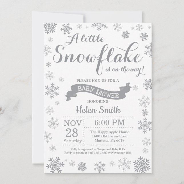 Winter Baby Shower Invitation Gray Snowflake (Front)
