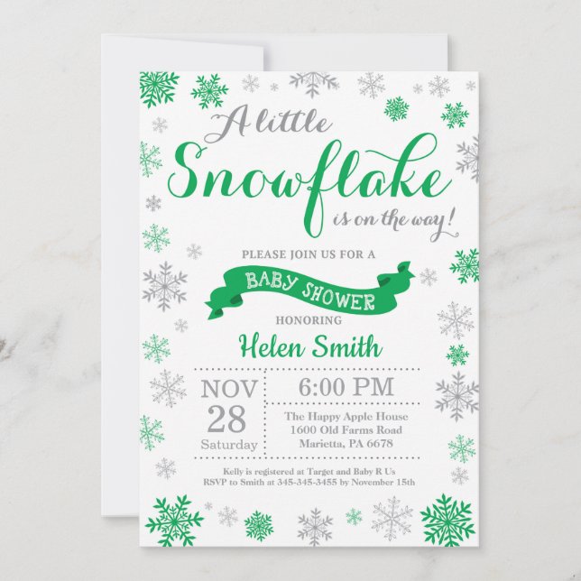Winter Baby Shower Invitation Green Snowflake (Front)
