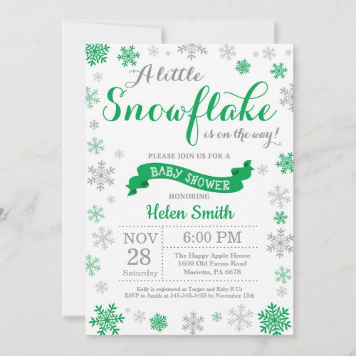 Winter Baby Shower Invitation Green Snowflake