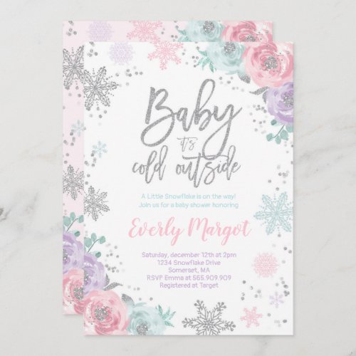 Winter Baby Shower Invitation Pink Silver Glitter