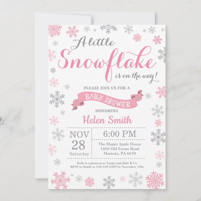Winter Baby Shower Invitation Pink Snowflake (Front)