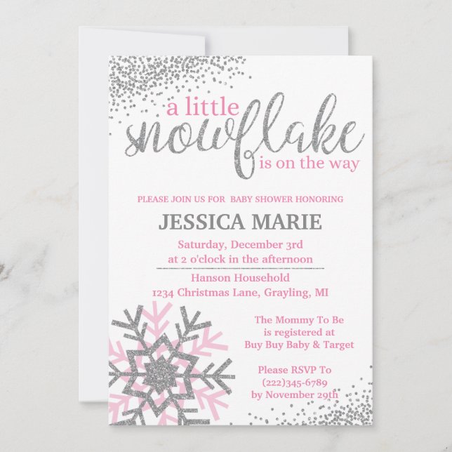 Winter Baby Shower Invitation - Pink Snowflake (Front)