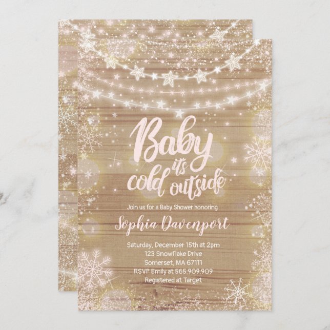 Winter Baby Shower Invitation Pink Snowflake (Front/Back)
