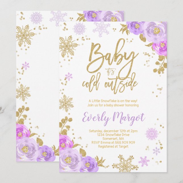 Winter Baby Shower Invitation Purple And Gold (Front/Back)