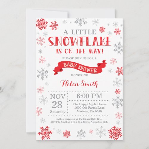 Winter Baby Shower Invitation Red Snowflake