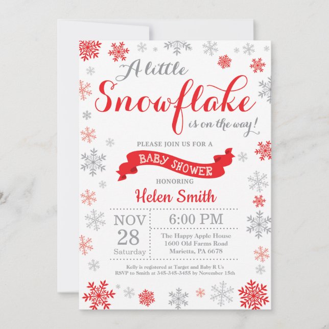 Winter Baby Shower Invitation Red Snowflake (Front)
