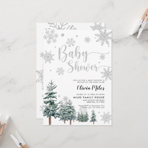 Winter Baby shower invitation silver glitter