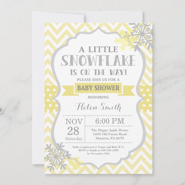 Winter Baby Shower Invitation Yellow Snowflake (Front)