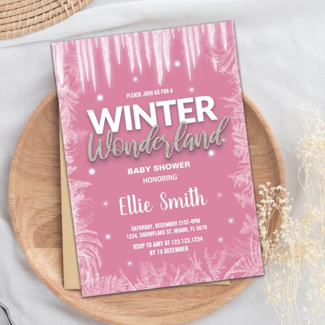 Winter Baby Shower Invitations  Ice Glitter Pink (Winter Baby Shower Invitations Ice Glitter Pink)