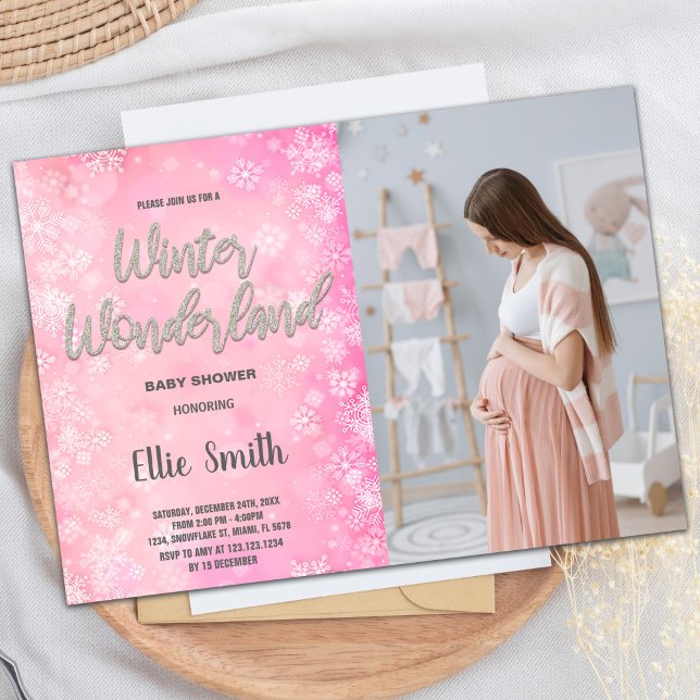 Winter Baby Shower Invitations Pink Snow Photo (Winter Baby Shower Invitations Pink Snow Photo)
