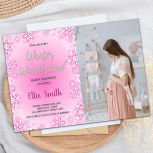 Winter Baby Shower Invitations Pink Snow Photo