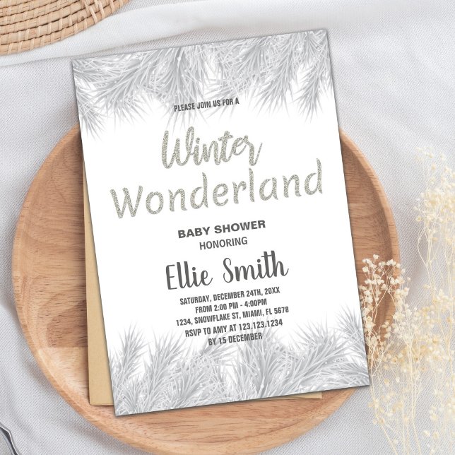 Winter Baby Shower Invitations Silver Glitter Pine (Winter Baby Shower Invitations Silver Glitter Pine)