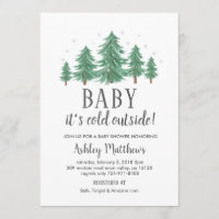 Winter baby shower invite, evergreen trees, cold invitation