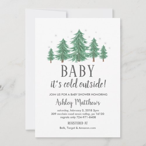 Winter baby shower invite evergreen trees cold invitation