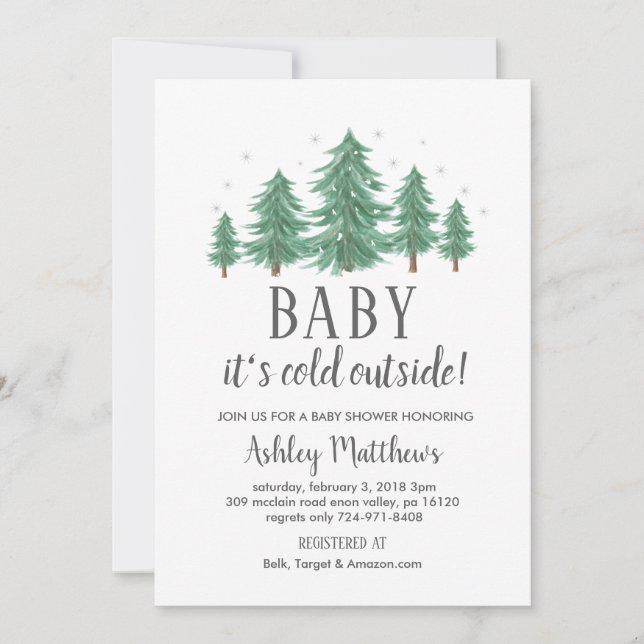 Winter baby shower invite, evergreen trees, cold invitation (Front)