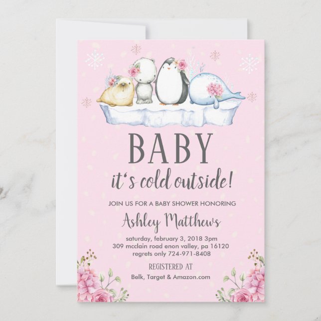winter baby shower invite, winter animals arctic invitation (Front)