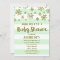 Winter Baby Shower Mint Stripes Gold Snowflakes Invitation