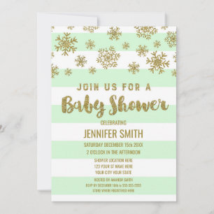 Winter Baby Shower Mint Stripes Gold Snowflakes Invitation