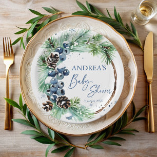 Winter baby shower pines wreath monogrammed paper plates