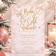 Winter Baby Shower Pink Gold Snowflake Invitation