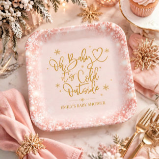 Winter Baby Shower Pink Gold Snowflake Paper Plates