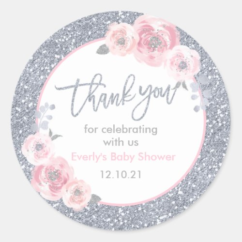 Winter Baby Shower Pink  Silver Snowflake Favor Classic Round Sticker