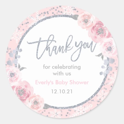 Winter Baby Shower Pink  Silver Snowflake Favor Classic Round Sticker