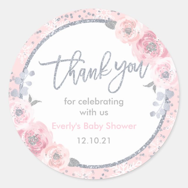 Winter Baby Shower Pink & Silver Snowflake Favor Classic Round Sticker (Front)