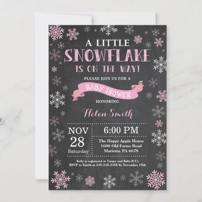 Winter Baby Shower Pink Snowflake Chalkboard Invitation (Front)