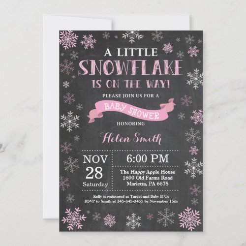Winter Baby Shower Pink Snowflake Chalkboard Invitation