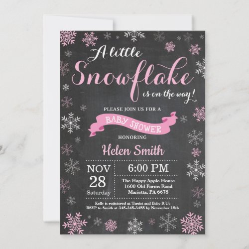 Winter Baby Shower Pink Snowflake Chalkboard Invitation