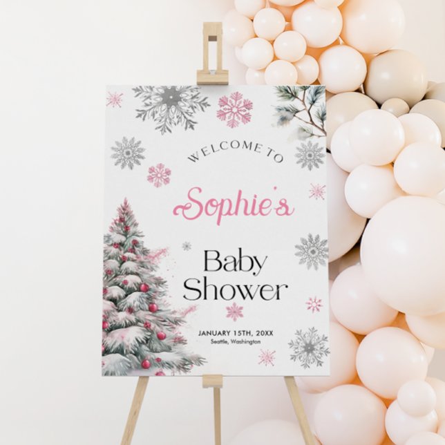 Winter Baby Shower Pink Snowflake Welcome Sign (Creator Uploaded)