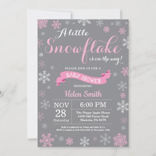 Winter Baby Shower Pink White and Gray Snowflake Invitation