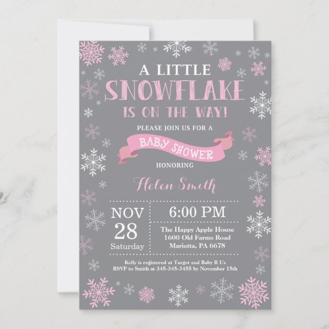 Winter Baby Shower Pink White and Gray Snowflake Invitation (Front)