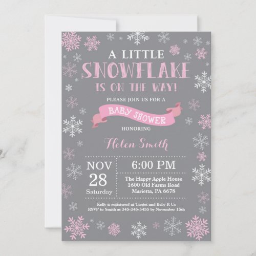 Winter Baby Shower Pink White and Gray Snowflake Invitation